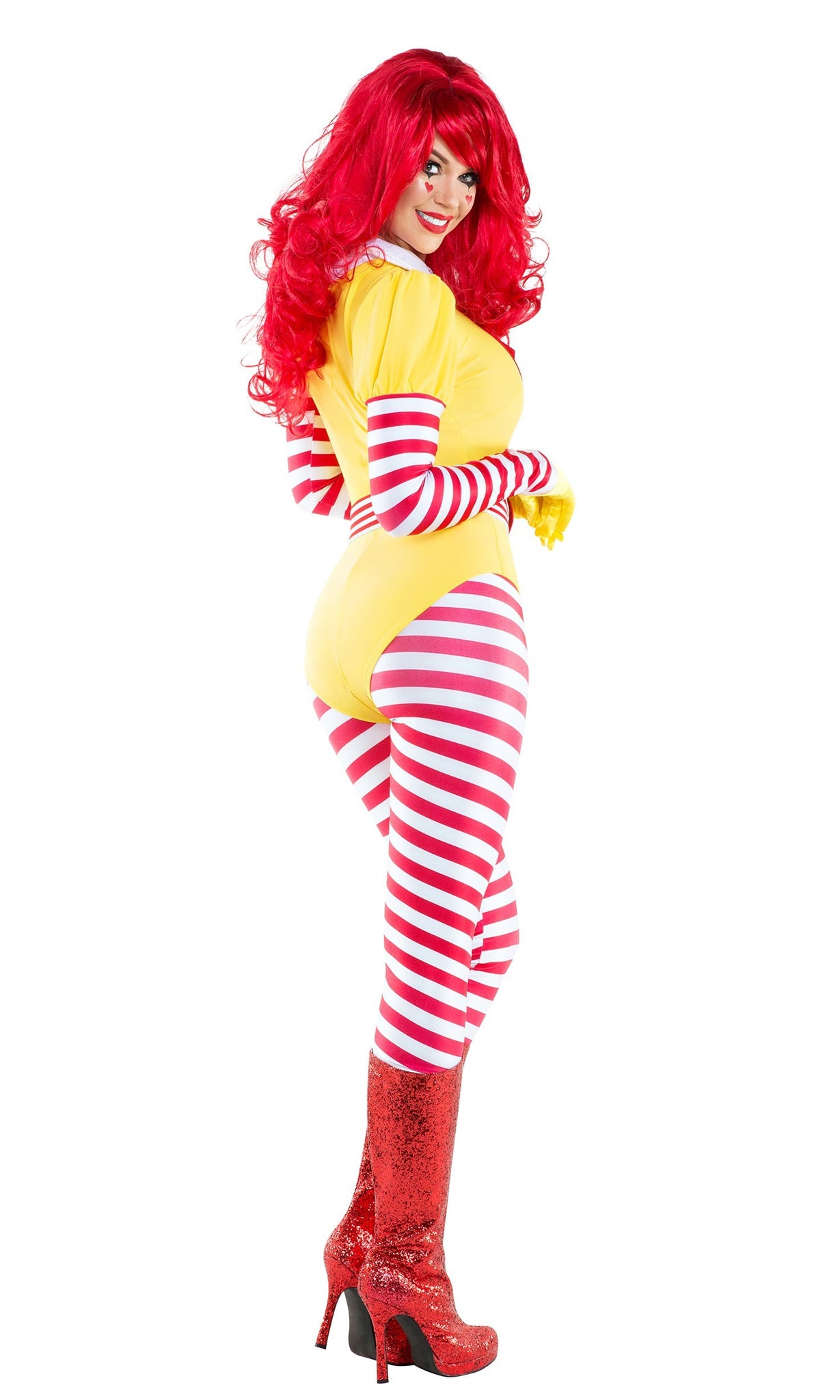 Back view of red and white striped costume with yellow romper, leggings and gloves styled like Ronald McDonald