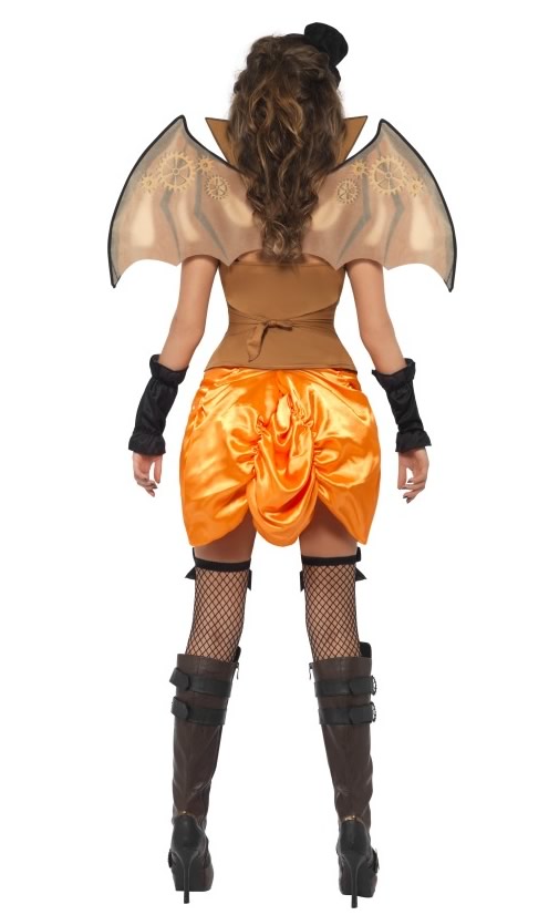 Back of steampunk bat costume with collar, wings and hat on headband