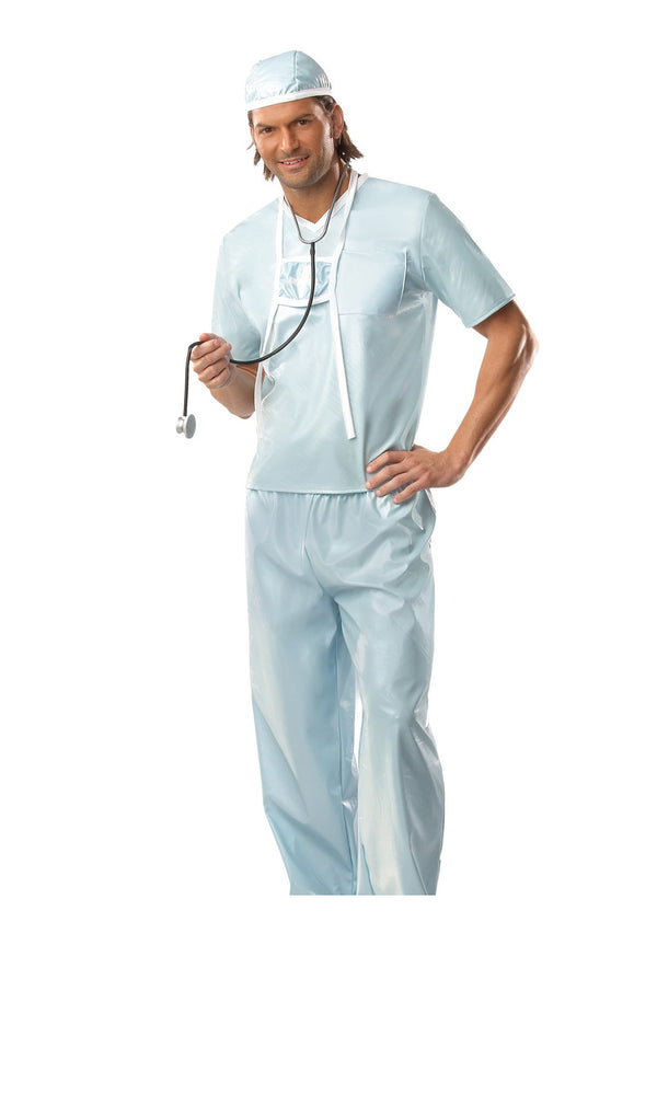 Pale blue surgeon costume with cap, mask and stethoscope