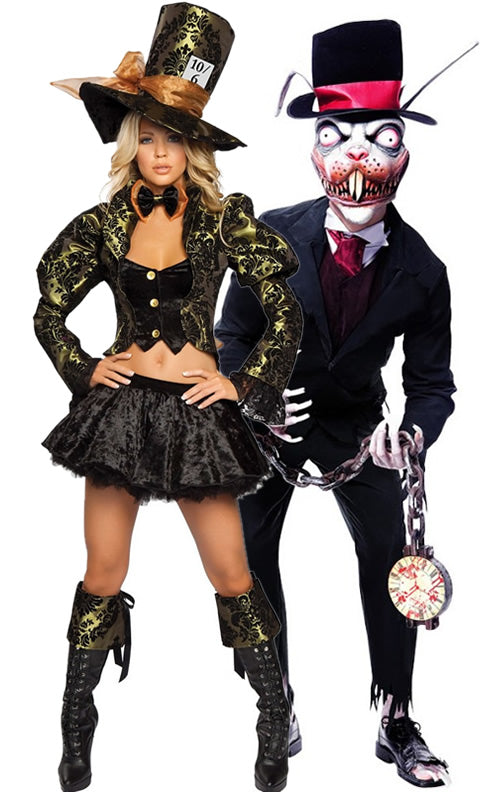 Woman's mad hatter costume next to wicked white rabbit