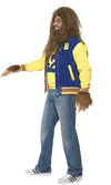 Side of Teen Wolf blue and yellow jacket and singlet, with wig, beard and gloves