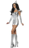 Side of silver Tin Woman jumpsuit with choker, gloves and hat
