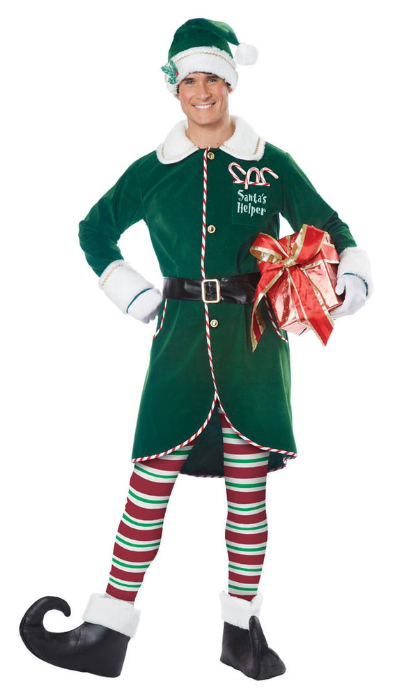 Men's workshop elf in green with hat, shoe covers, belt and 'Santa's Helper' logo