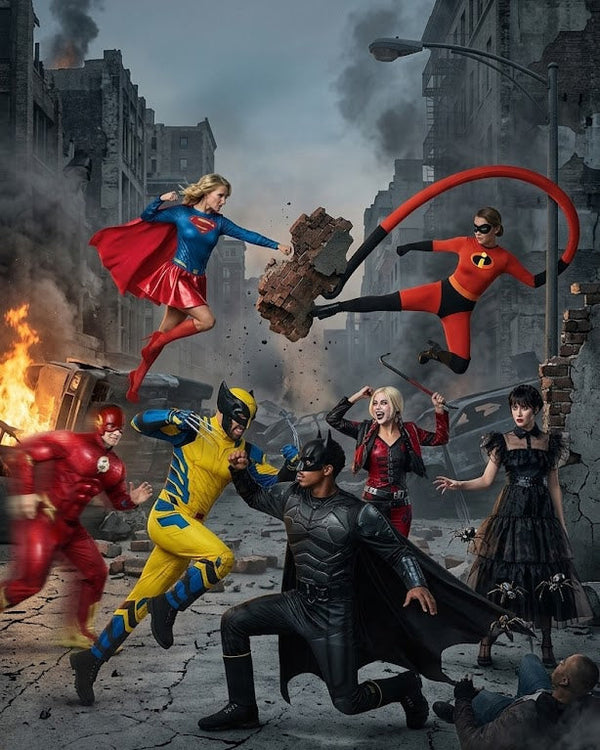 People in licensed super hero costumes in a battle