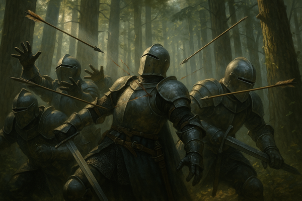 A group of knights being ambushed by archers for the Robin Hood costume collection