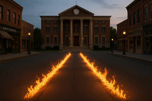 A small town in 1950s with flames on the ground from a fast car passing