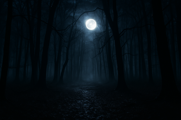 A dark forest with moonlight as the set for Jason from Friday the 13th