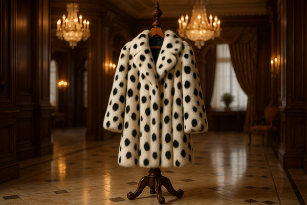 An expensive fur coat resembling Dalmation spots hanging in a mansion