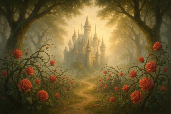 A castle with roses in the foreground for the Sleeping Beauty costume collection