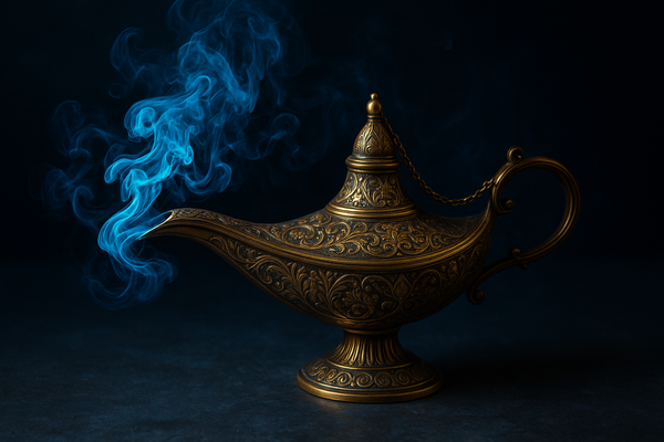 An Arabian golden lamp with blue smoke drifting out