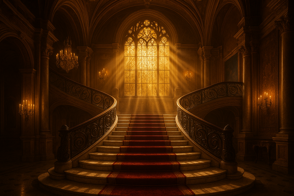 A stairway in a mansion with a large window and sun shining through