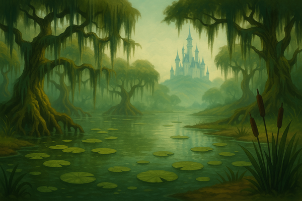 A swamp with a castle in the distance for the Shrek costume collection