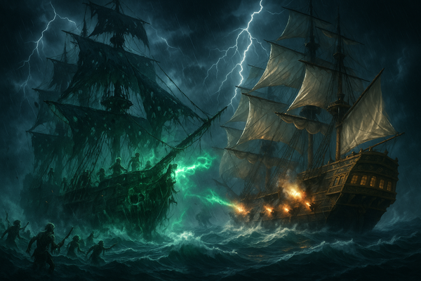 A ghost pirate ship battling a galleion on rough seas for the Pirates of the Caribbean costume collection