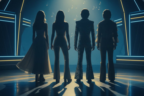 Four singers dressed in 70s costumes on stage for the womens Abba costume collection