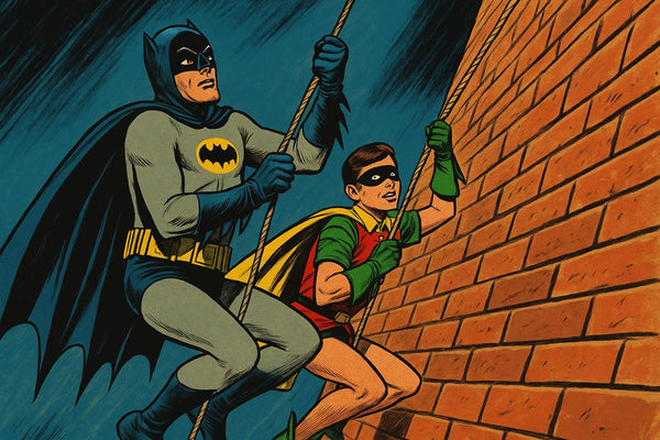 Batman and robin climbing a wall for the Batman costume collection