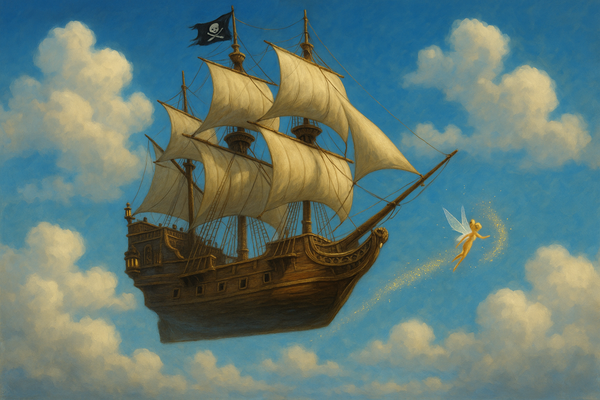 Captain Hooks ship flying through the sky with Tinkerbell in front, for the mens Peter Pan costume collection