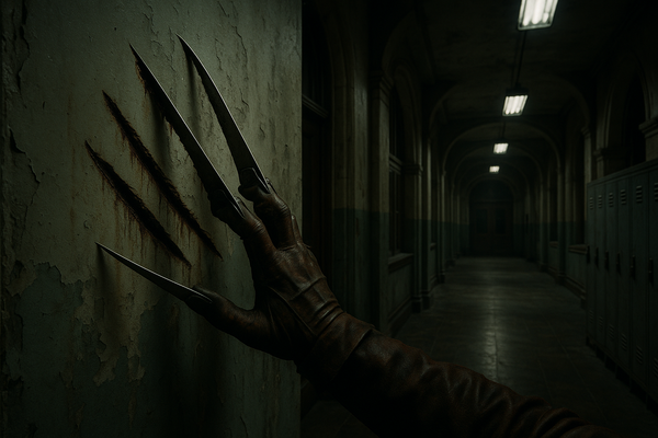 A clawed Freddy Krueger hand scratching a college wall for the Nightmare on Elmstreet costume collection