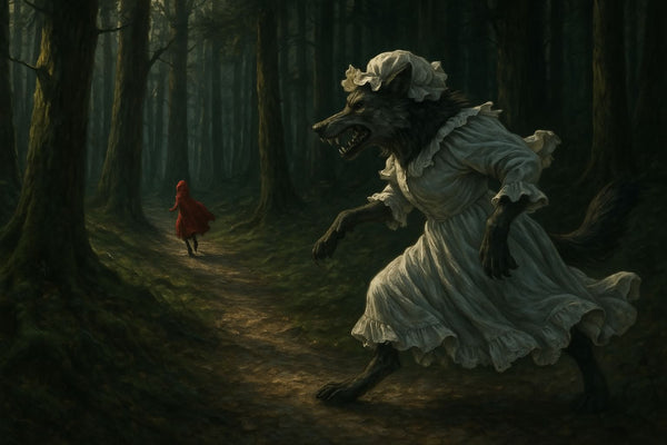 A wolf in Grandmas night gown chasing Little Red Riding Hood in costume