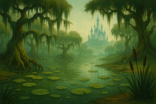 A swamp with castle in the background for the womens Shrek costume collection