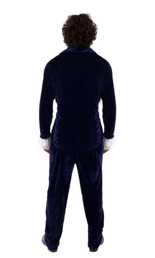Back of Austin Powers style dark blue jacket and pants with frills and cravat