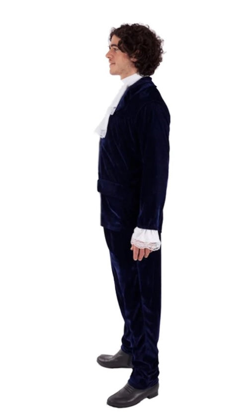 Side of Austin Powers style dark blue jacket and pants with frills and cravat