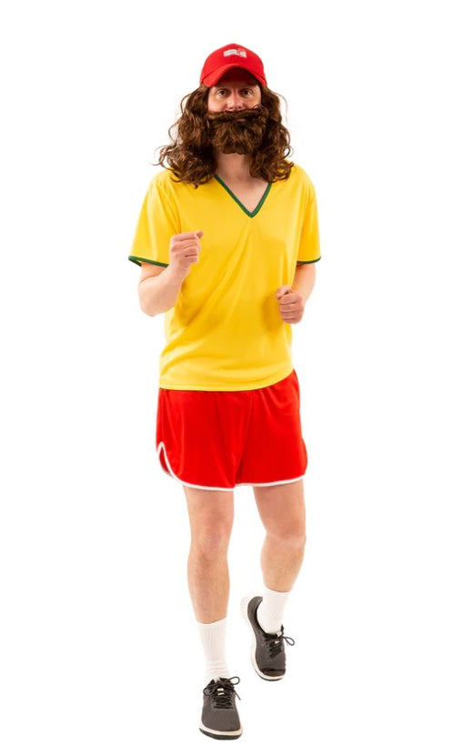 Forrest Gump style yellow running top and red shorts with red hat