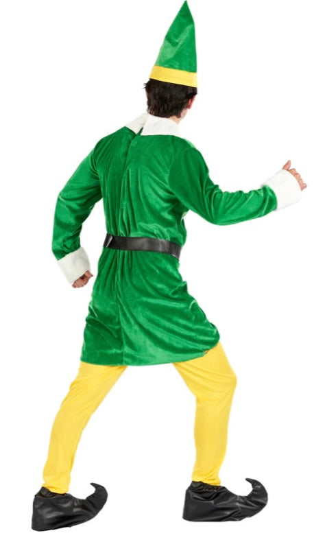 Back of green and yellow elf costume with hat and boot covers