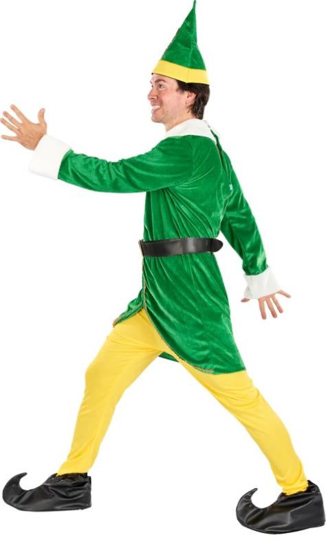 Side of green and yellow elf costume with hat and boot covers