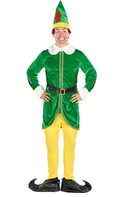 Green and yellow elf costume with hat and boot covers