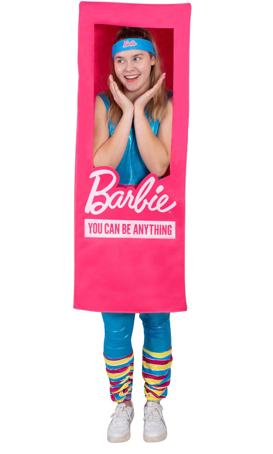 A woman wearing a costume shaped like a Barbie box with 'Barbie You Can Be Anything' text.