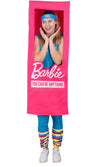 A woman wearing a costume shaped like a Barbie box with 'Barbie You Can Be Anything' text.