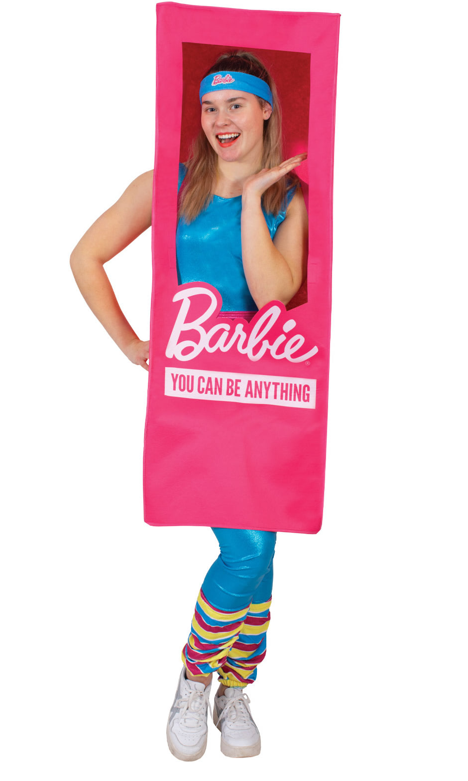 A woman wearing a costume shaped like a Barbie box with 'Barbie You Can Be Anything' text.