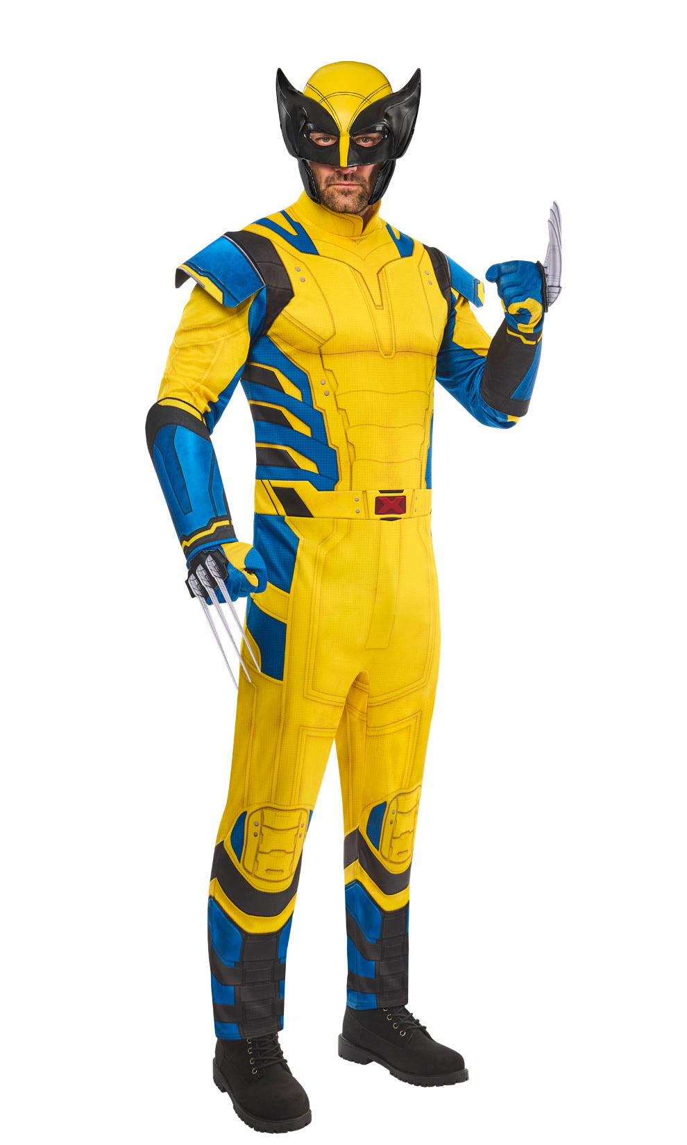 Man wearing a yellow and blue Wolverine costume
