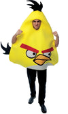 A man wearing a large yellow Angry Bird costume with black spiky hair, red eyebrows, and a beak