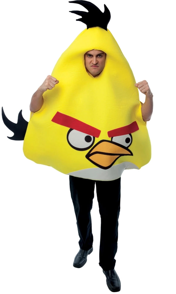 A man wearing a large yellow Angry Bird costume with black spiky hair, red eyebrows, and a beak