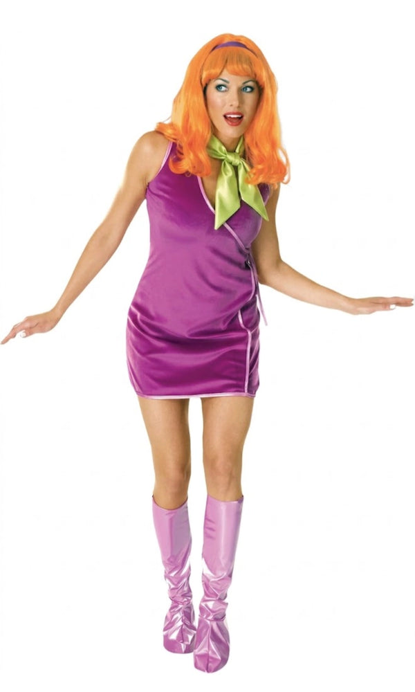Short purple Daphne skirt with wig, green necktie and boot covers
