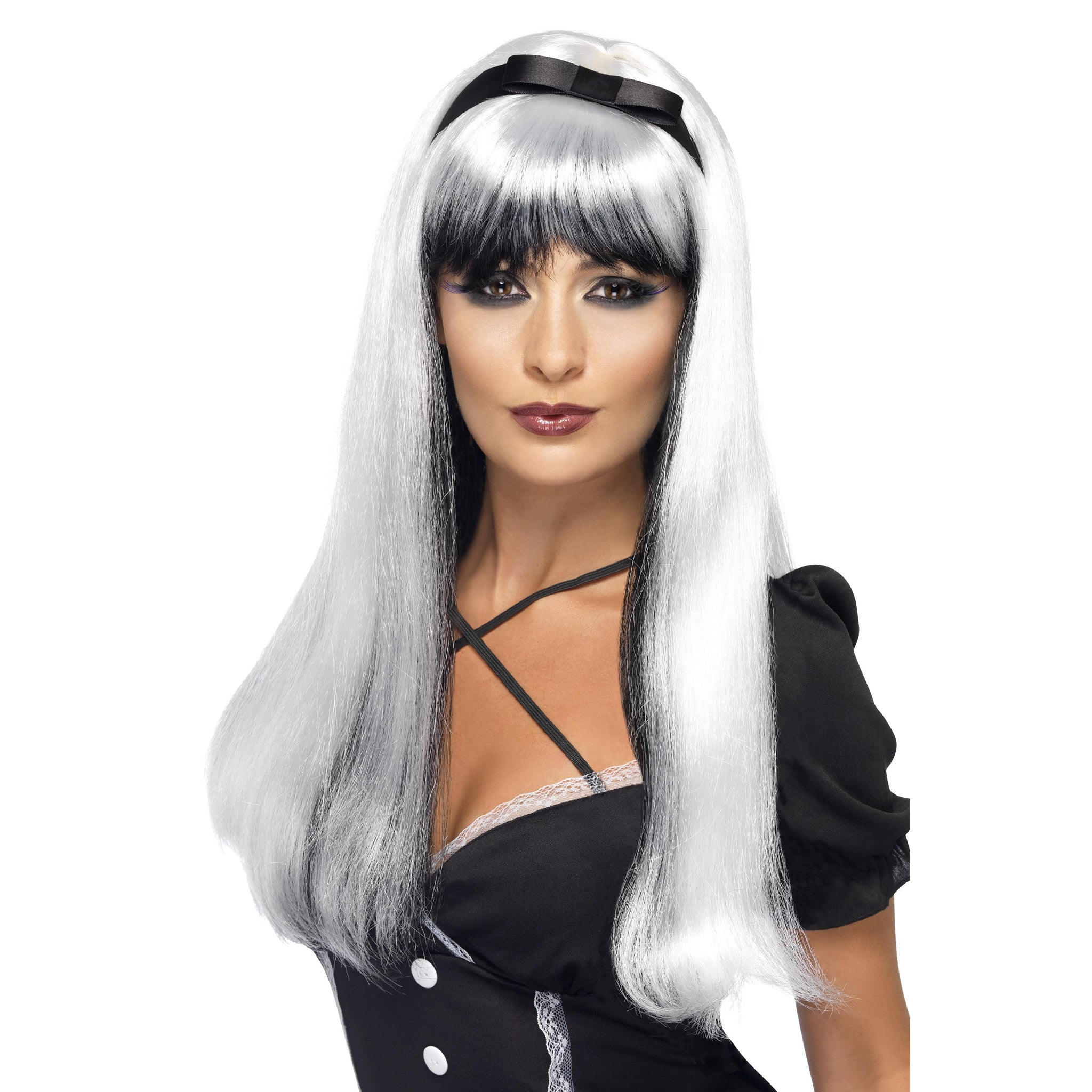 Long white over black ladies wig with ribbon