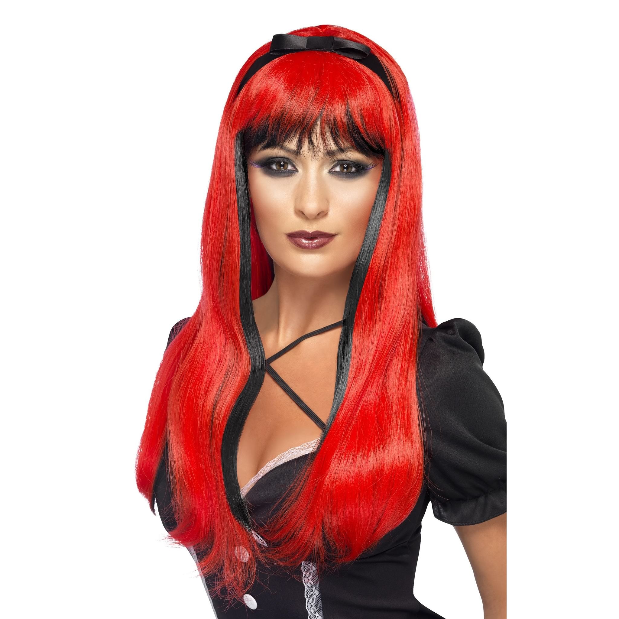 Long red over black Halloween wig