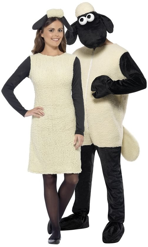 A couple in black and white Shaun the Sheep costumes with head pieces
