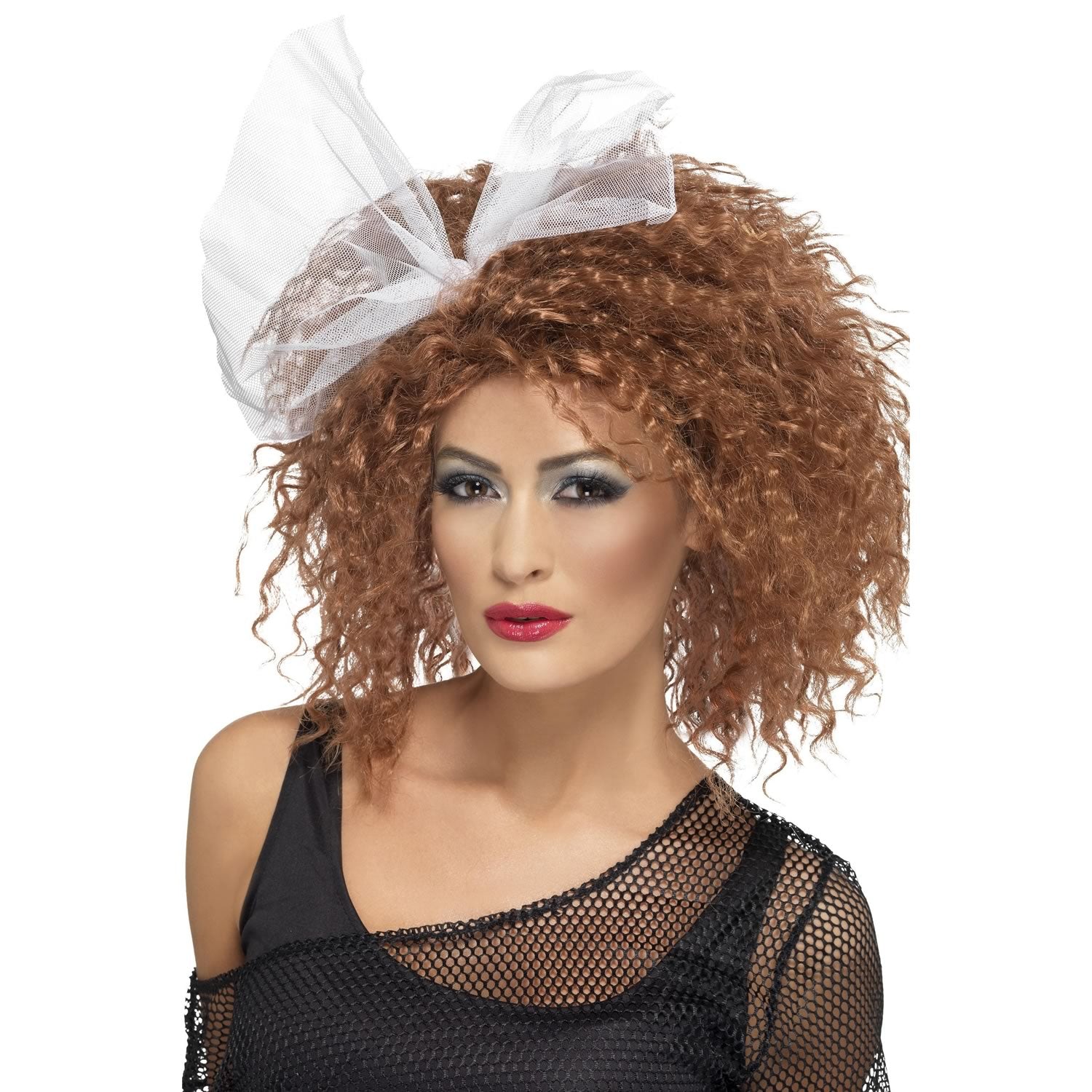 Brown wavy Madonna style wig with large white mesh bow
