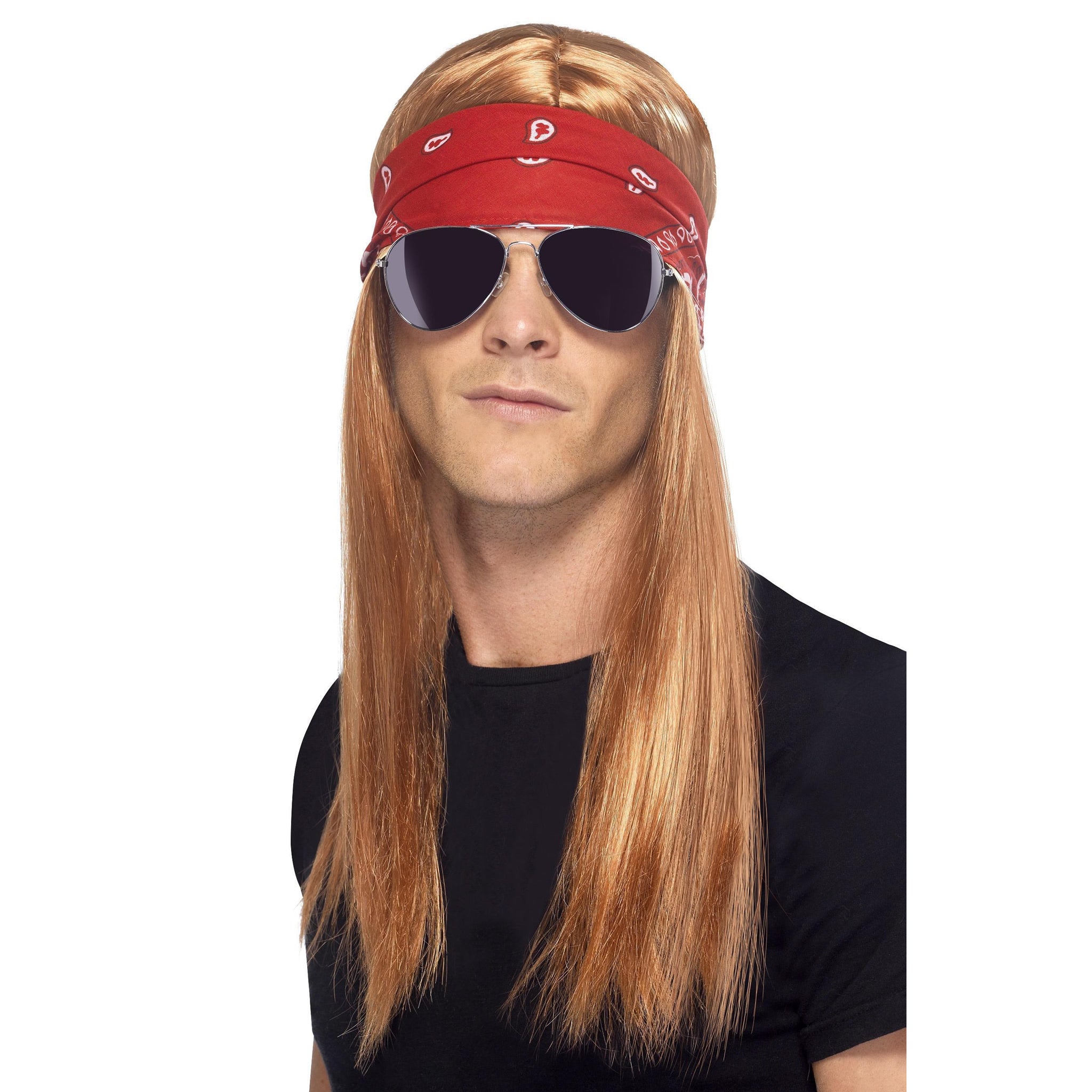 Long auburn Axl Rose wig with red bandana