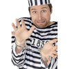 Plastic metal look handcuffs worn by a man in a prisoner costume