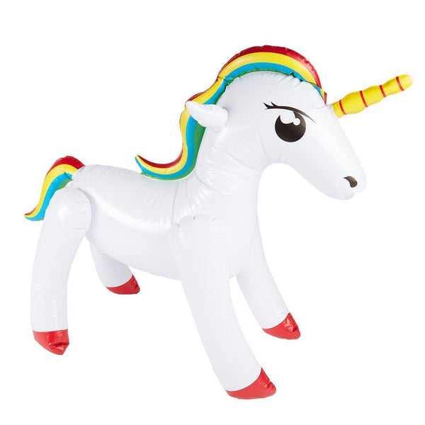 Inflatable unicorn with rainbow mane and tail on a white background