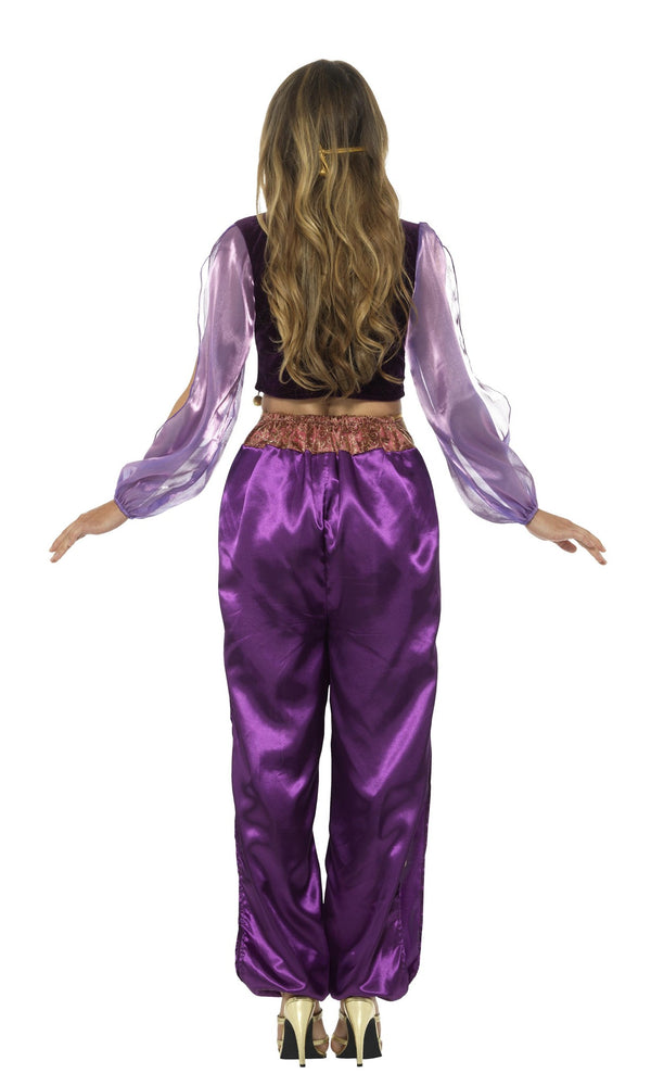 Back of a woman wearing a purple Arabian costume with sheer sleeves on a white background