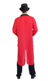 Back of a men's red Ringmaster coat, black pants, and top hat.