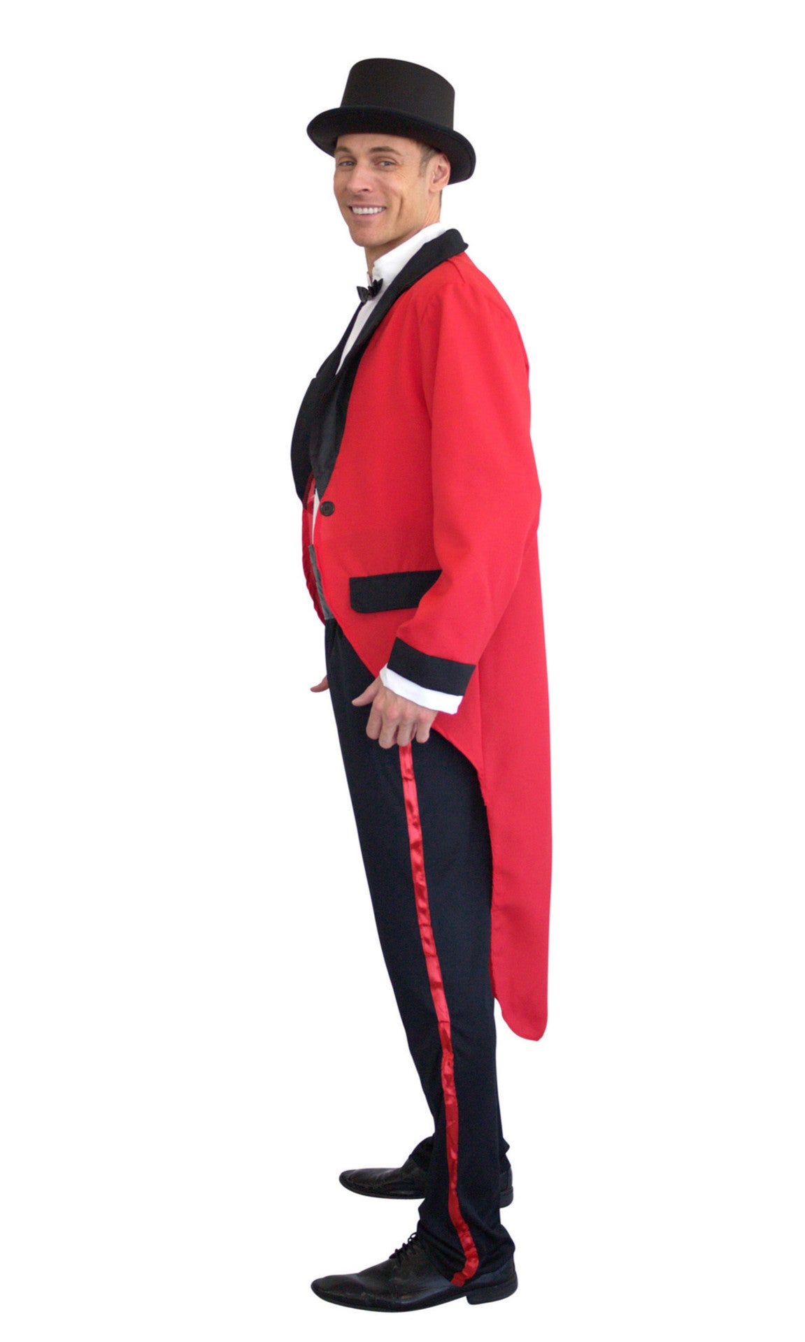 A men's red Ringmaster coat, black pants, and top hat.