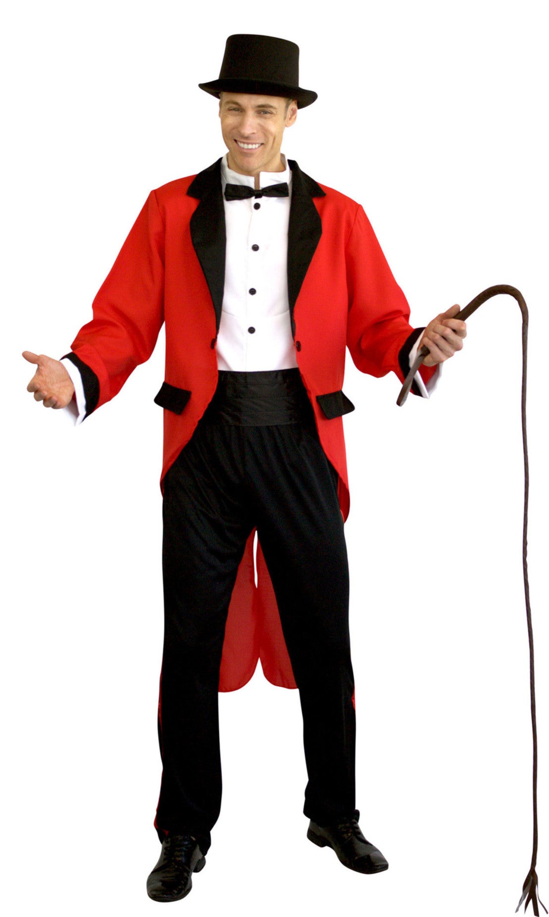 A men's red Ringmaster coat, black pants, and top hat holding a whip