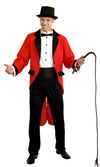 A men's red Ringmaster coat, black pants, and top hat holding a whip