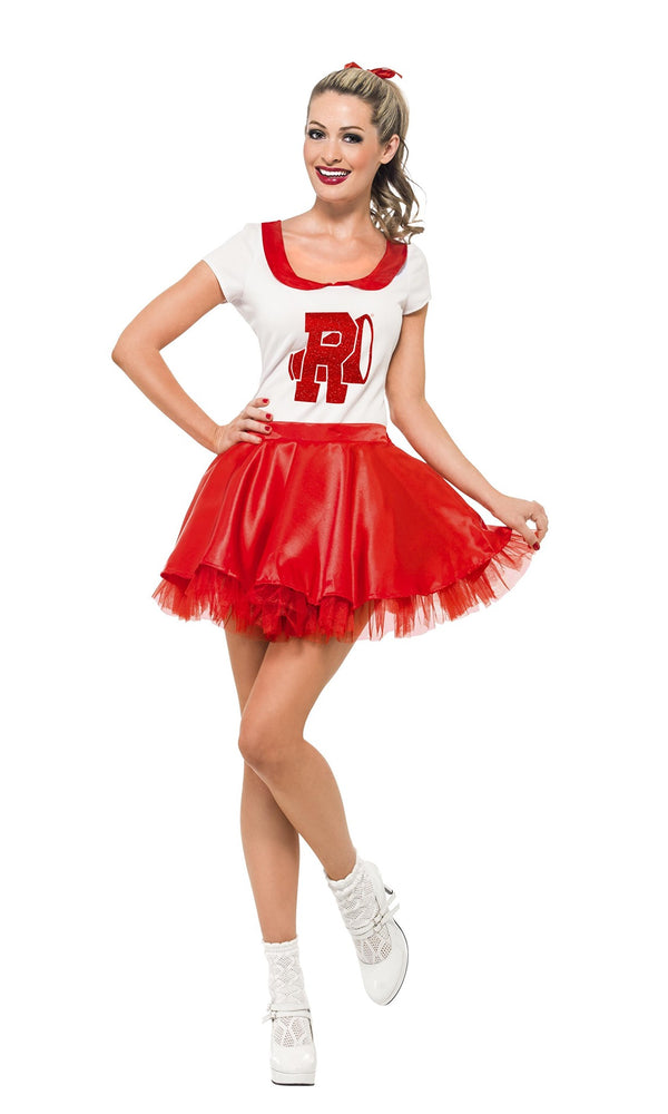 Woman wearing a red and white Rydell High costume with a large letter 'R' on a white background