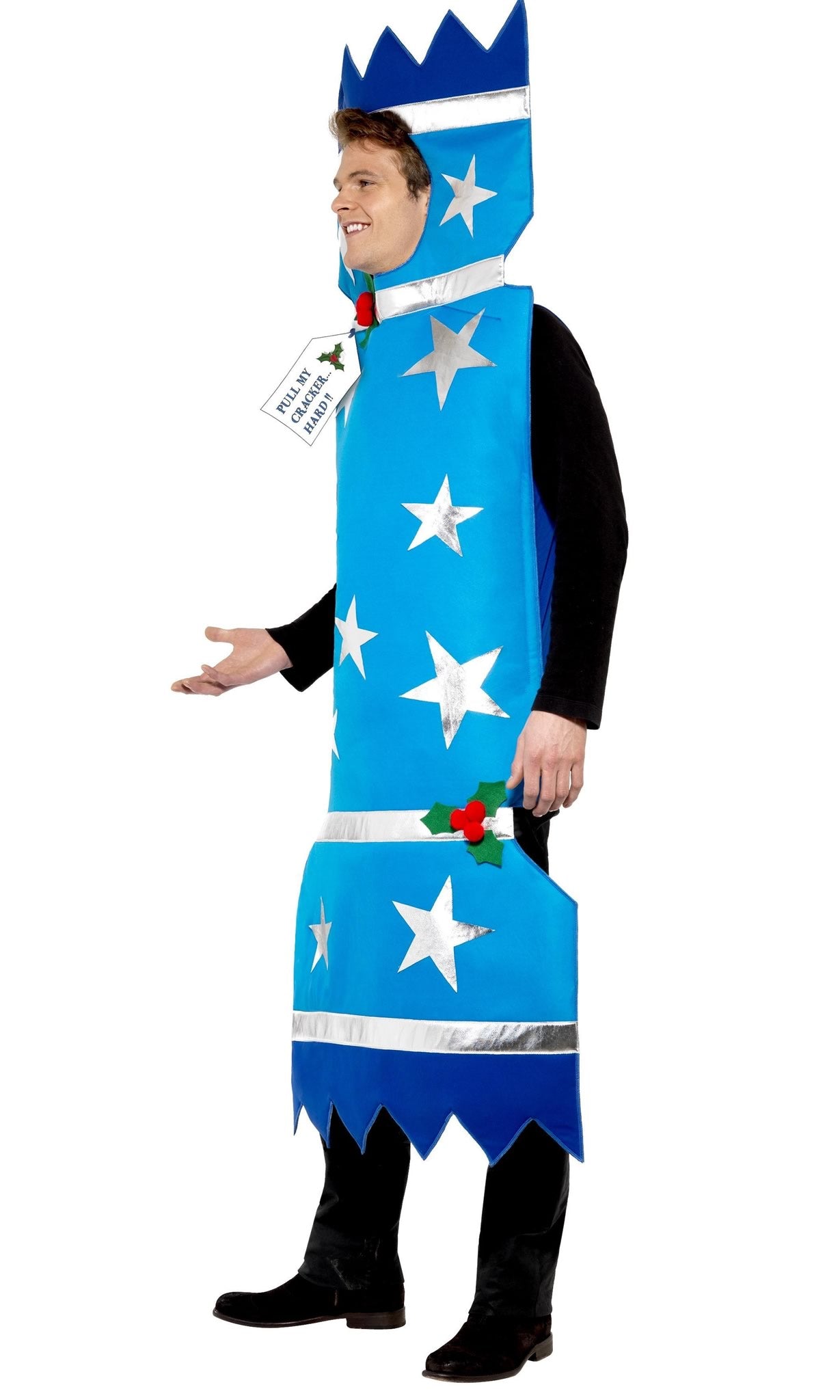 Side of blue cracker costume with silver stars